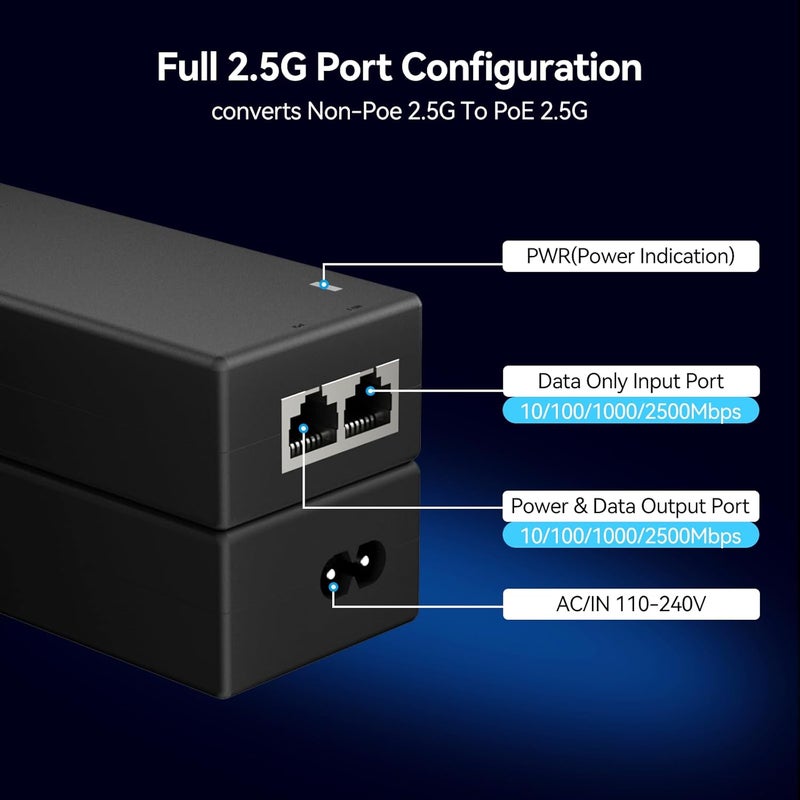AUMOX PRO 2.5G PoE+ Injector 30W | Convert Non-PoE to PoE Adapter 10/100/1000/2500Mbps | 802.3af/at Compliant | Plug & Play | 100m (328ft) Range (2.5G 30W) - Image 3